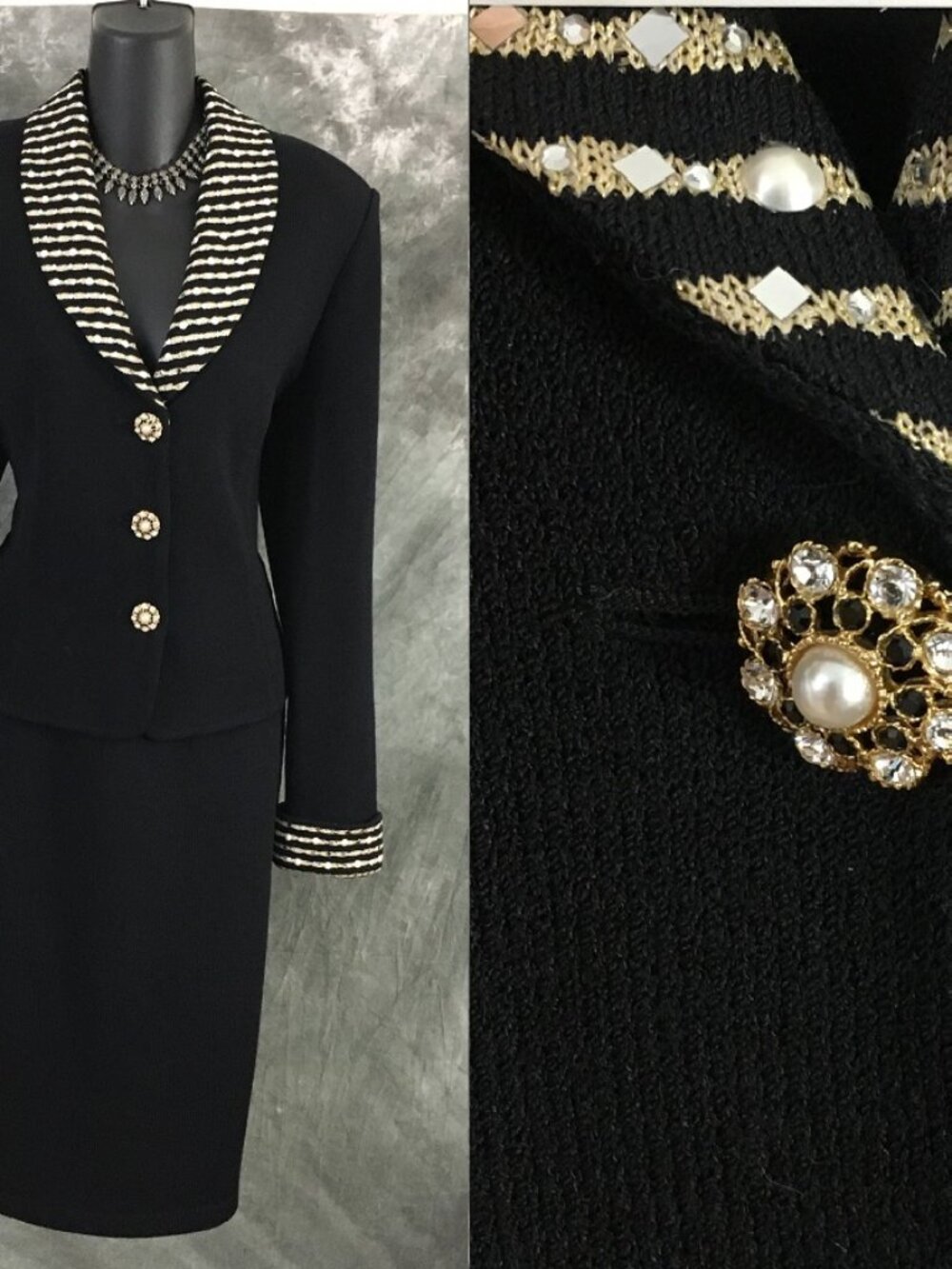 BEAUTIFUL St John evening knit black pearl rhinestones embellished skirt suit 10